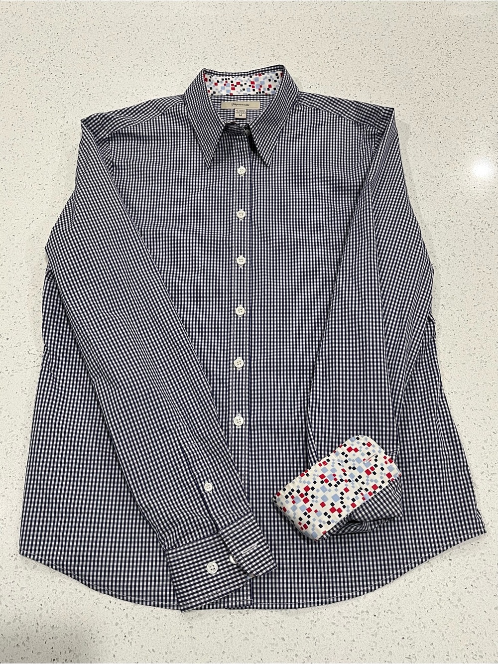 Faconnable Navy and White Check Dress Shirt with Patterned Cuff
